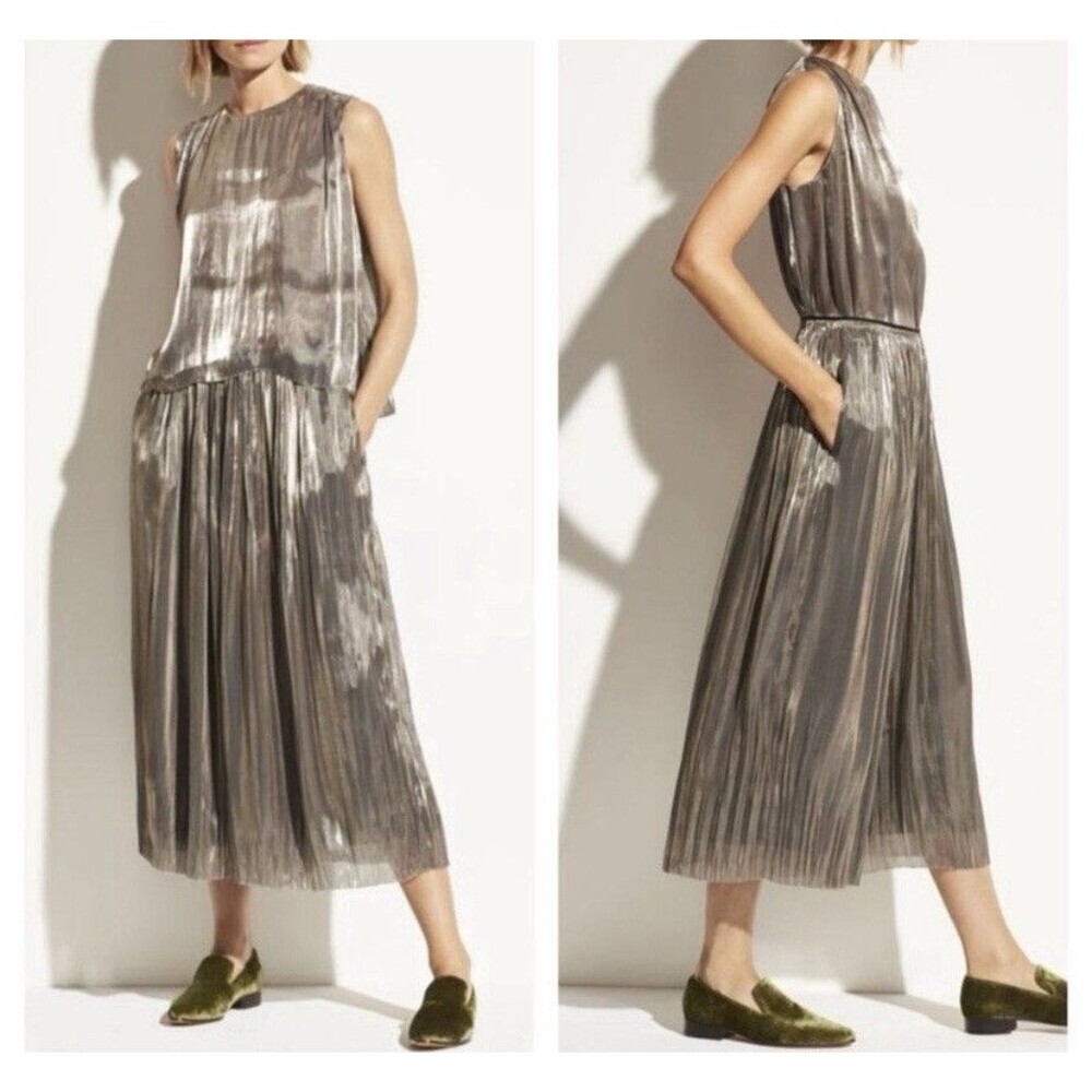 Vince Metallic Platinum Pleated Ankle-Length Skirt/Pant/Culotte